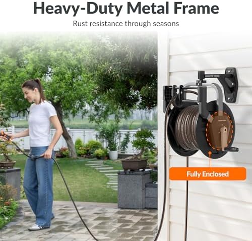 Giraffe Tools Garden Hose Reel Wall Mount, 125FT 5/8" Hose Capacity, Heavy Duty Water Hose Reel, Hose Guide Pre-Installed with Crank, 210° Swivel, for Yard Lawn Garage - Image 2