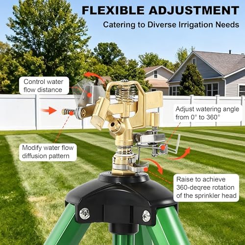 Impact Sprinkler Head on Telescoping Tripod Base with 2 Sprinkler Extensions, Heavy Duty Lawn Sprinklers, 360 Degree Large Area Irrigation, Solid Metal Extension Legs & Bottom Spikes - Image 5