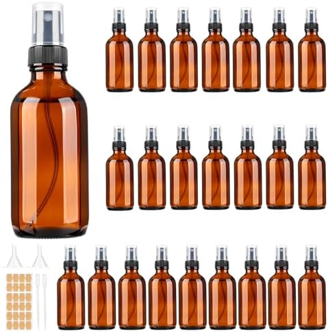 Vitreaux 24 Pack 4 oz Amber Glass Spray Bottles Small,Empty Refillable Brown Glass Spray Bottle for Essential Oils,Fine Mist Bottles for Face,Hair,Travel,Perfumes,Plants,Cleaning Solutions by Unknown
