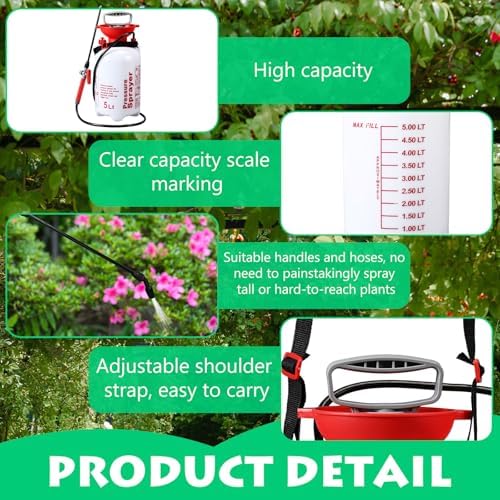 Honeydak 1.3 Gallon 5L Garden Pump Pressure Sprayer Watering Can Device for Watering Hanging Plant Basket Hard to Reach Pump Sprayer for Weeds, Lawn Care & Pesticides (Red) - Image 4