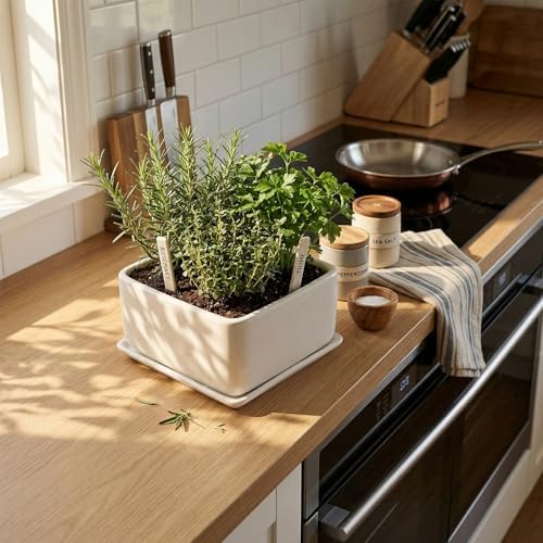 MyGift White Ceramic Square Planter Pot with Drainage Hole & Drip Tray - Image 5