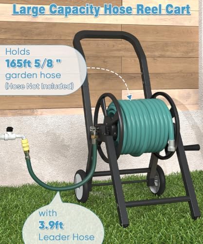 Artigarden Garden Hose Reel Cart with Wheels, Holds 165 ft of 5/8’’ Hose Outdoor Heavy Duty Powder-coated Steel Water Storage Holder Rack with 3.9 Ft Leader Hose for Outside Lawn Yard, Black - Image 2