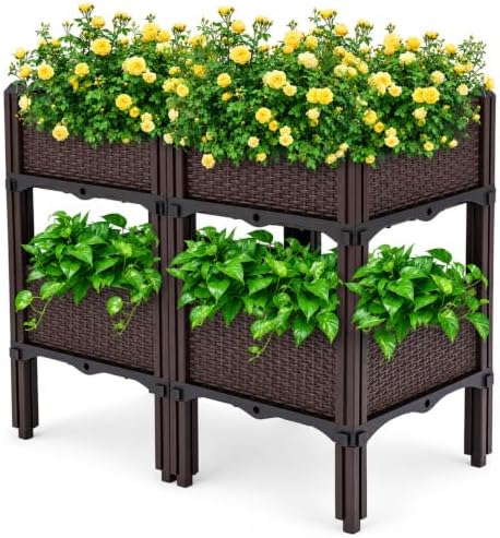 DYRABREST Set of 4 Raised Garden Bed Self-Watering Plastic Planter Box Stand with Legs, Sun and Frost Resistant Planter Outdoor Vegetable Growing Bed for Flower Herb Backyard, Patio, Balcony by DYRABREST