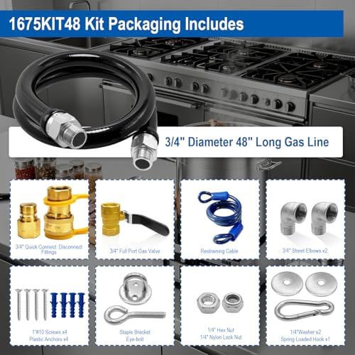 1675KIT48 Safety System Kit, 48" Mobile Gas Hose Connector with 2 Elbows, 3/4" Quick Disconnect, 3/4" Gas Flex Line & Gas Valve, Quick Connect & Disconnect for Commercial Kitchen Equipment. - Image 3