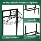 Garden Hose Holder Stand, Black Steel Heavy Duty Freestanding Water Hose Storage Rack with 4 Reinforced Anchor Spikes and Storage Basket Waterproof Stable Organizer for Yard Lawn Garden Farm - Image 4