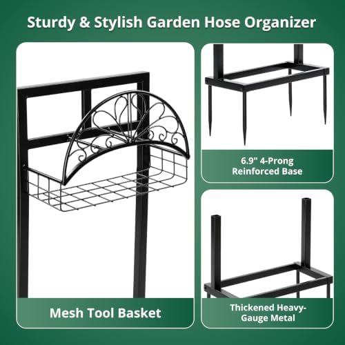 Garden Hose Holder Stand, Black Steel Heavy Duty Freestanding Water Hose Storage Rack with 4 Reinforced Anchor Spikes and Storage Basket Waterproof Stable Organizer for Yard Lawn Garden Farm - Image 4