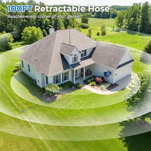 Himimi Retractable Garden Hose Reel 100 ft + 6.6 ft, 1/2 in Wall Mounted Heavy Duty Water Hose Reel with 10-Pattern Nozzle, Upgraded Slow Auto Rewind, Any Length Lock, 180° Swivel Mount - Image 6