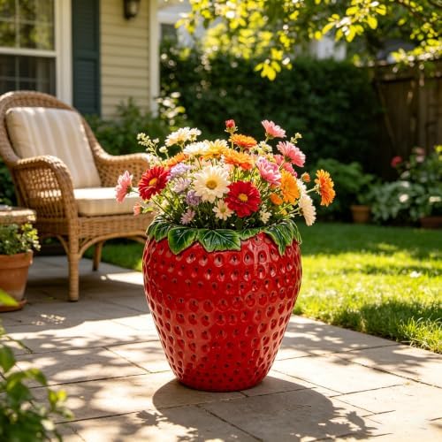 15' Strawberry Shaped Planter Pot, 15 Inch Decorative Flower Pot, Red by Noeko