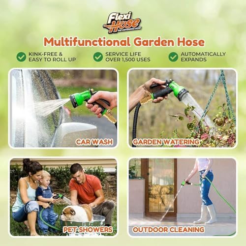 Flexi Hose Plus Expandable Garden Hose with 8 Function Nozzle, 150FT - Lightweight Retractable Garden Hose, Water Hose - No-Kink Flexibility, 3/4 Inch Solid Brass Fittings Includes Hook & Bag - Image 3