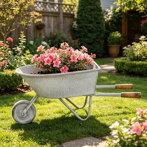 Rustic Large Metal Flower Pot Cart, Wheelbarrow Planter with Wooden Handles, Vintage Decorative Plant Holder for Indoor Outdoor Garden Patio Farmhouse, 23.62" L - Image 3