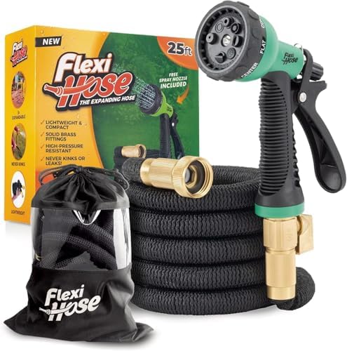 Flexi Hose Plus Expandable Garden Hose with 8 Function Nozzle, 25FT - Lightweight Retractable Garden Hose, Water Hose - No-Kink Flexibility, 3/4 Inch Solid Brass Fittings Includes Hook & Bag by FlexiHose