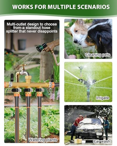 Garden Hose Splitter, 5 Way Heavy Duty Brass hose splitter, Water Hose Bib Spigot Splitter with 0.59" Full Flow Ball Valve Outlet & Shut-Off Valve 3/4'' Connector Outdoor Water Faucet Adapter - Image 7