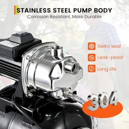 1HP Stainless Steel Water Transfer Pump with Well Pressure Tank – Shallow Well Pump & Irrigation Pump Combo, 130ft Max Lift, 20ft Suction Lift, Automatic Pressure Switch for Farm Use - Image 3
