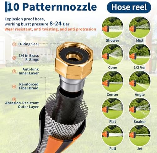 100 Ft X1/2 in Retractable Garden Hose Reel, Wall Mounted Heavy Duty Garden Hose Reel with 10 Spray Nozzle, Slow Retraction System, 180°Swivel Bracket, UV Resistant & 3-Layer Protect - Image 6
