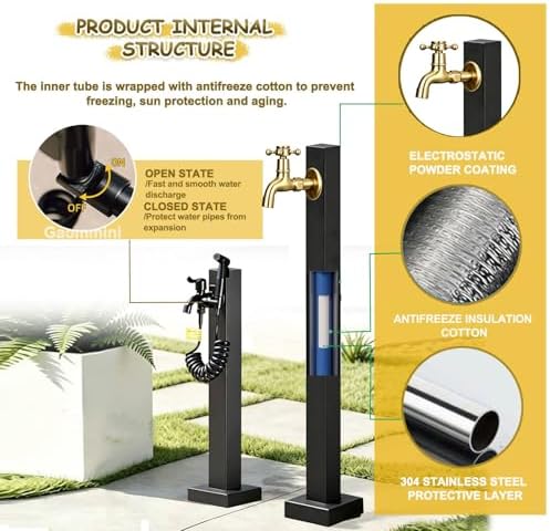 Freestanding Garden Hose Holder Faucet Post Stainless-Steel Water Tap, 60/80/95cm Tall Vertical Hydrant Dispenser - Bottom Or Side Inlet/Black Matte(Style 4,Height: 60cm/23.6in) - Image 3