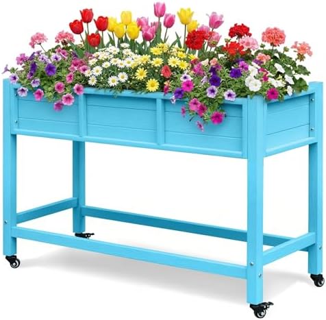 DWVO Raised Garden Bed HDPE with Wheels 47x18x31in Weather-Resistant Poly Wood Raised Planter Box Outdoor with Legs, Elevated Garden Bed for Patio Balcony Backyard, Blue by DWVO