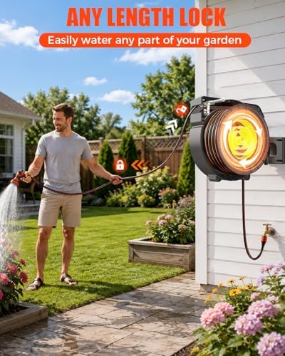 150FT Retractable Garden Hose Reel 1/2 Inch, Wall Mounted Heavy Duty Water Hose with Auto-Lock, Slow Return, 180° Swivel Bracket & 9-Pattern Spray Nozzle – UV Resistant Outdoor Hose Storage System - Image 5