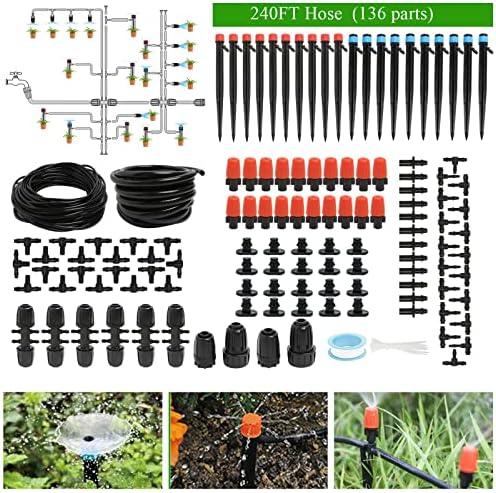 Maotong 240FT Drip Irrigation System Kit, Automatic Garden Watering Misting System for Greenhouse, Yard, Lawn, Plant with 1/2 inch Hose 1/4 inch Distribution Tubing and Accessories by Maotong