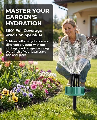 360° Rotating Garden Sprinkler for Yard & Lawn, 12 Adjustable Nozzle Irrigation Sprayer with 1/2”, 3/4” & 1” Connectors, Heavy Duty Spike Base for Large Area Garden Watering (4) - Image 3
