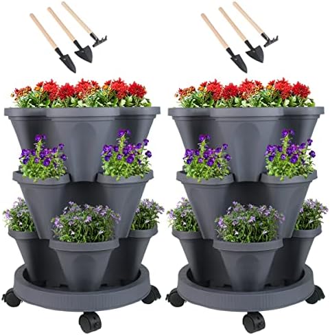 GameXcel Vertical Planter Tower - 3 Tier Stackable Garden Planters with Wheels and Tools Plant Pots for Strawberry Herb Flower and Vegetable Indoor Outdoor Use Dark Gray 2 Pack by GameXcel