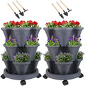 GameXcel Vertical Planter Tower - 3 Tier Stackable Garden Planters with Wheels and Tools Plant Pots for Strawberry Herb Flower and Vegetable Indoor Outdoor Use Dark Gray 2 Pack by GameXcel
