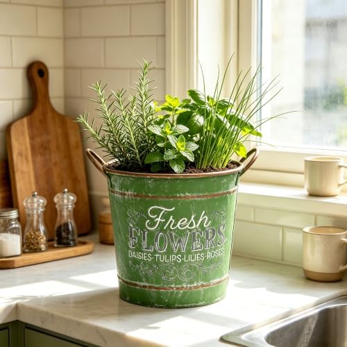 Rustic Green Metal Watering Can Flower Pot, Vintage Distressed Garden Decor Flower Bucket Planter for Herbs Succulents Flowers, Decorative Plant Pot for Outdoor Indoor Patio Yard Home Decor - Image 2