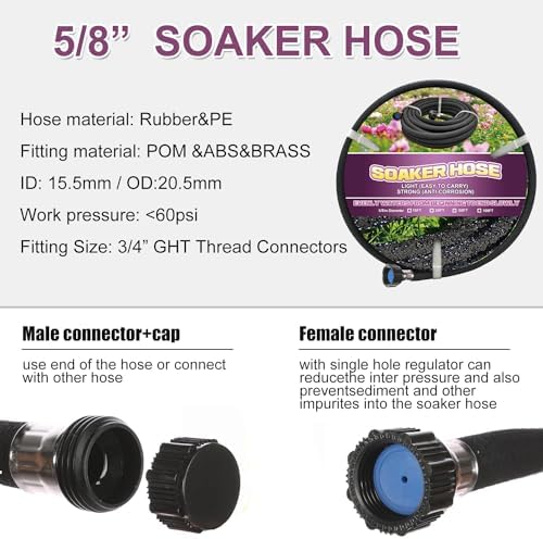 Soaker Hose 75ft - 5/8 Round Rubber Garden Soaker Hoses, Heavy Duty Irrigation Drip Hose, Water Seeper Soaking Hose for Gardens, Flower Beds And Lawn Yard - Image 2