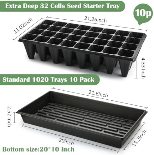 RooTrimmer 10 Pack 1020 Trays No Holes and 10 Pack 4.3" Deep 32 Cell Seed Starter Trays, 20" x 10" - Heavy Duty Plastic Nursery Flats for Seed Germination & Plant Propagation (10 Sets) - Image 2