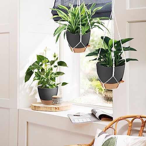 Vanslogreen 41.5 Inch Macrame Plant Hanger Indoor Outdoor with 12 Inch Flower Pot, Hanging Planter for Plants Holder with Wood Beads for Boho Home Decor (Ivory+Black) - Image 6