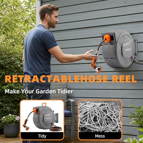 Retractable Garden Hose Reel, 1/2 inch x120 ft Water Hose Reel Wall Mounted, Any Length Lock, Slow Auto-Rewind, 180°Swivel Bracket & 10 Pattern Nozzle - Image 6