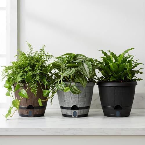 Sun-E 10" Self-Watering Whiskey Barrel Planters 3 Pack for Indoor Outdoor - Image 5