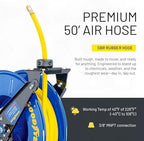 GOODYEAR Air Hose Reel Retractable 3/8" Inch x 50' Feet Long Premium Commercial SBR Hose Max 300 Psi Reinforced Steel Construction Heavy Duty Spring Driven Industrial Dual Arm & Pedestal - Image 3