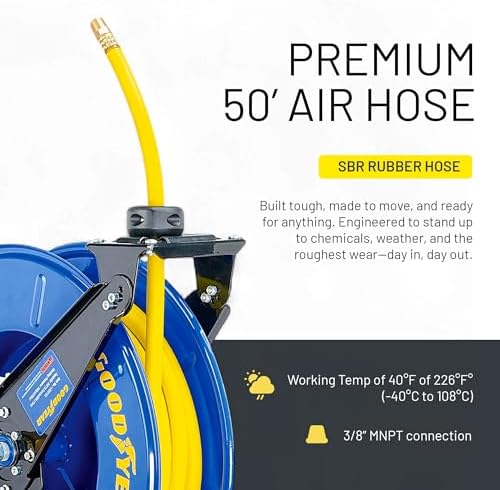 GOODYEAR Air Hose Reel Retractable 3/8" Inch x 50' Feet Long Premium Commercial SBR Hose Max 300 Psi Reinforced Steel Construction Heavy Duty Spring Driven Industrial Dual Arm & Pedestal - Image 3