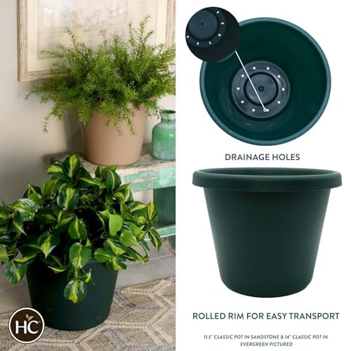The HC Companies Classic Round Plastic Plant Pot w/Rolled Rim - Lightweight & UV Resistant Flower Pot for Herbs & More - Outdoor & Indoor Plant Pots w/Drainage (14 inch Evergreen, Pack of 1) - Image 2