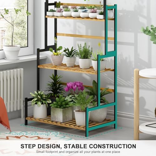 Ufine Bamboo Hanging Plant Stand 3 Tier Ladder Shelf with Hanging Rod - Image 4
