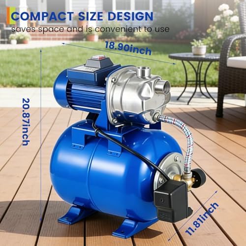 1HP Shallow Well Pump Tank Garden Water Pump Booster System, Pressurized Farm Irrigation, Automatic Water Booster Jet Pump or Home, Farm, Garden Irrigation & Water Transfer, Blue - Image 4