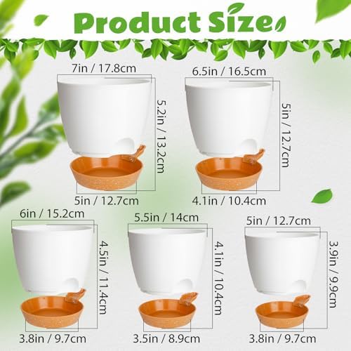 Remerry 15 Pcs 7/6.5/6/ 5.5/5 Inch Self Watering Planters with Drainage Hole Plant Pots Plastic Flower Pots Self Watering Pot and Saucer Reservoir for Garden Plant Flower (White) - Image 3