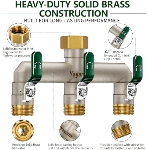 3-Way Garden Hose Splitter, Heavy-Duty Brass, 3/4" GHT, (Green) - Image 2