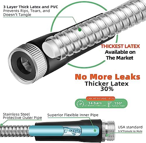 Metal Garden Hose 50FT, Stainless Steel 304 Heavy Duty Water Hose With 10 Function Nozzle, No-Tangle No-Kink, Tough Flexible, Durable and Lightweight, Rust Proof outdoor hose for Yard, Outdoor, RV - Image 4