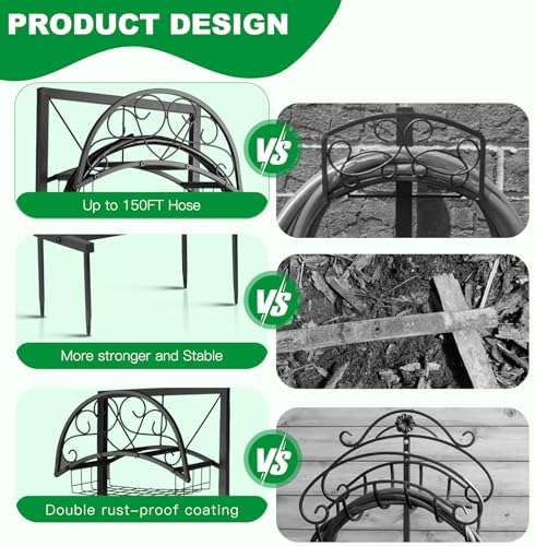 Garden Hose Holder Stand with Storage Basket, Heavy Duty Freestanding Metal Hose Hanger Rack for Outside, Holds Up to 150FT Water Hose, 4 Anchor Spikes, Yard Lawn Garden - Image 4