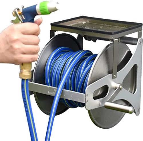 Hose Reel Cart Garden Hose Reels for Outside Heavy Duty Wall Hose Cart with Storage Table, Stainless Steel Small Pipe Organizer, Portable Hose Truck, with High Pressure Water Gun (Color : Silver, Si by Unknown