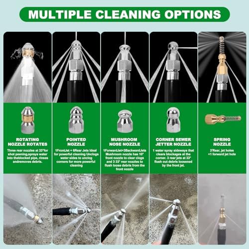 Sewer Jetter Kit for Pressure Washer,Water Jet Drain Cleaning Hose with Corner Rotating Button Spring Nose 1/4" NPT Sewer Cleaning Tool High-Pressure Nozzles,5800 PSI 200 FT - Image 3