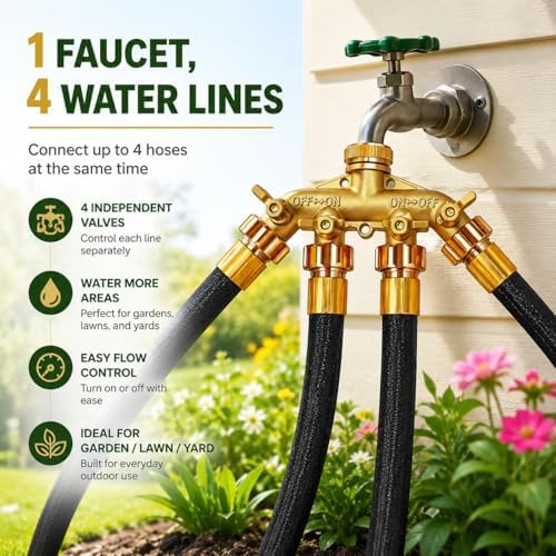 4 Way Brass Hose Splitter 3/4 inch Garden Hose Connector Outdoor Faucet Splitter With Shut off Valves Hose Extensions Lawn Irrigation Watering Adapter Yard Cleaning Garden Hose Adapter - Image 4