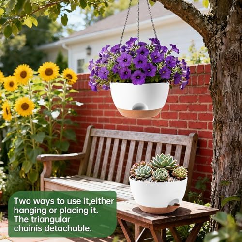 13-inch Oversized Hanging Planter Set of Two,Planters for Indoor and Outdoor Plants.Place Plant pots Across Diverse Settings Including windowsills,Living Room,and Gardens.White-Brown - Image 2
