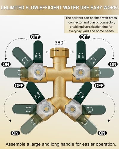 EBH Garden Hose Splitter 4 Way, Heavy Duty Solid Brass Hose Splitter with Shutoff Valves, Water Spigot Splitter With 304 Stainless Steel Handle, Full Flow Outdoor Faucet Splitter, 3/4" GHT Thread - Image 4