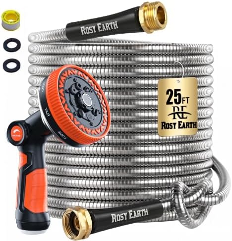 Rosy Earth Metal Garden Hose 25ft, Lightweight Steel Water Hose with 8-Mode Wide Nozzle by RosyEarth