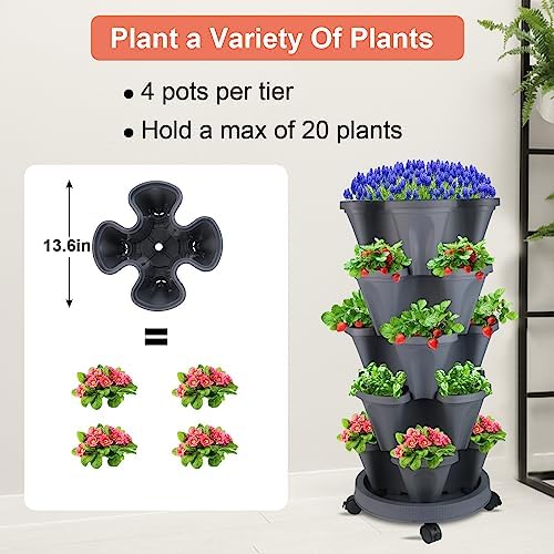 DUNCHATY Stackable Planter, Vertical Garden Planter with Wheels and Tools, Self Watering Strawberry Indoor/Outdoor 5 Tier Tower Herb for Growing Vegetables Succulents, Dark Gray - Image 3
