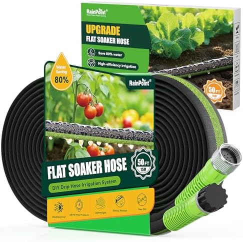 RAINPOINT 50FT Flat Soaker Hose, Flexible & Leakproof Drip Hose with Anodized Aluminum Fittings, Double Layer 80% Water-Saving Gardening Irrigation Hose, Green by RainPoint