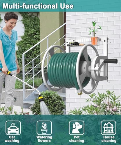 Artigarden Outdoor Wall Mounted Hose Reel with Hook, Garden Heavy-Duty Water Hose Holder Winder with 3.9 ft Leader Hose, Brass Fitting and Storage Basket for Yard, Holds 125 Ft of 5/8-Inch Hose, White - Image 6
