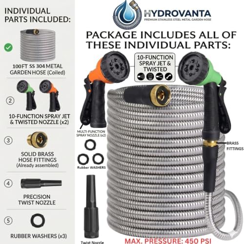 100FT Metal Garden Hose 304 Stainless Steel, with 2 Multi-Function Spray Nozzles, 1Pc Precision Twist Nozzle, Solid Brass Fittings, Flexible No-Kink Design- 450PSI with 16mm Dia Hose - Image 3